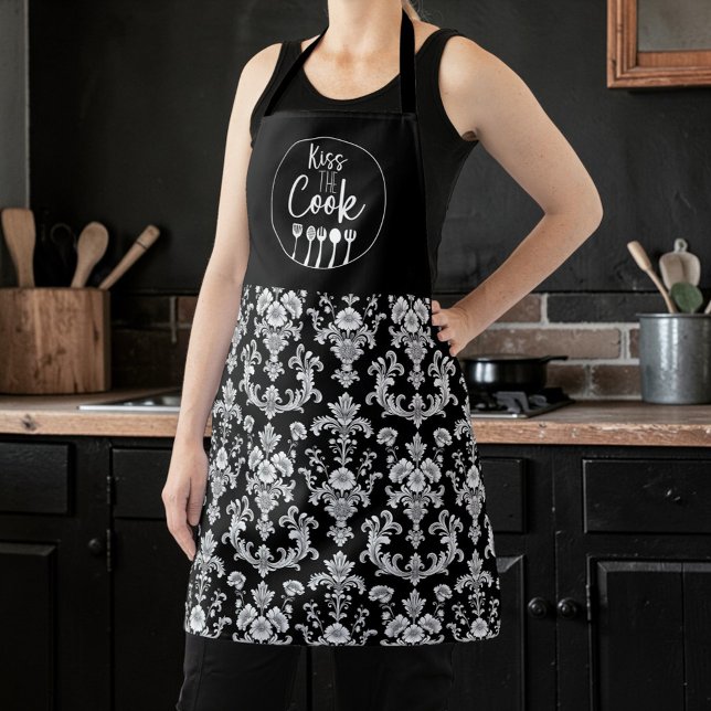 Victorian Black and White Damask Pattern Apron (Creator Uploaded)