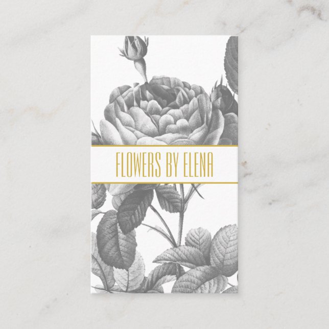 Victorian black and white rose flowers chic gold business card (Front)