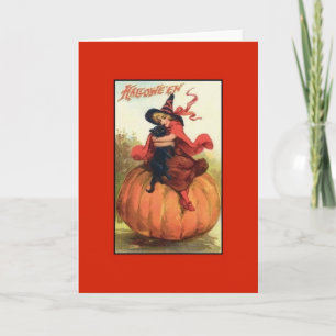 Victorian Black Cat And Witch Halloween Card