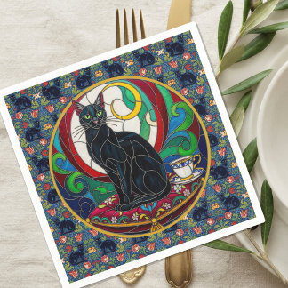 Victorian Black Cat Art Napkins, Vintage Cats Napkin