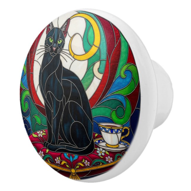 Victorian Black Cat Knob, pillow, mosaic, colourfu Ceramic Knob (Right)