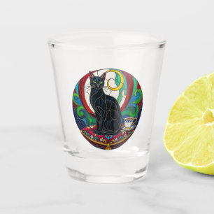 Victorian Black Cat Shot Glass, mosaic, colourful Glass