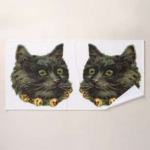 Victorian black cat with bell collar bath towel set
