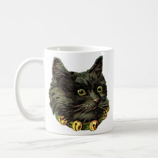 Victorian black cat with bell collar coffee mug (Left)