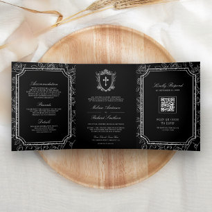 Victorian Black Catholic QR Code Wedding Tri-Fold Invitation