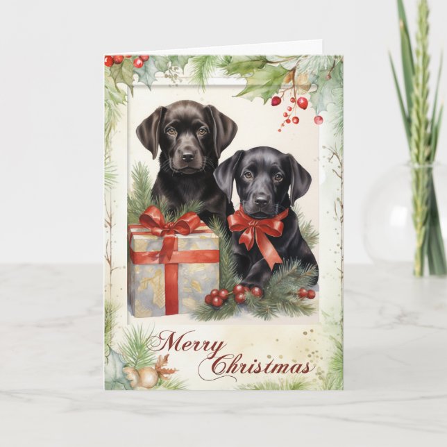 Victorian Black Labrador Puppy Christmas Holiday Card (Front)