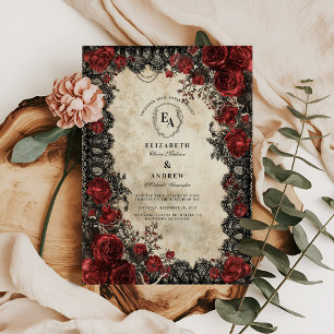 Victorian Black Lace and Crimson Blooms Invitation