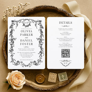 Victorian Black Monogram All in One Wedding Invitation
