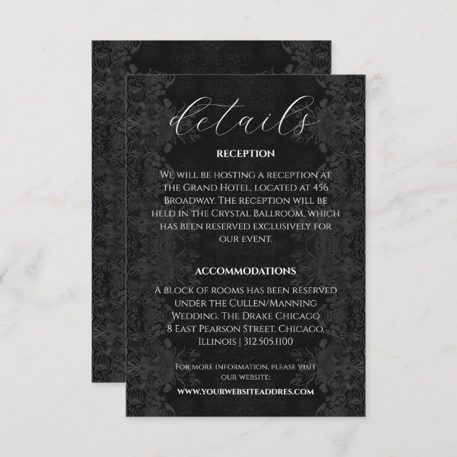 Victorian Black Moody Wedding Information  Enclosure Card (Front/Back)