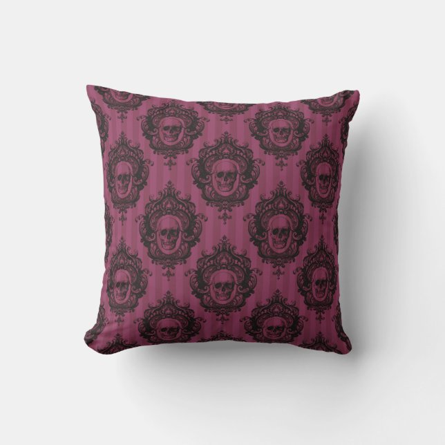 Victorian Black Skulls Pattern Pink Halloween Cushion (Front)