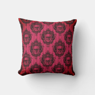 Victorian Black Skulls Pattern Red Halloween Cushion