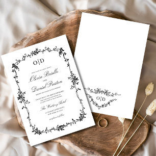 Victorian Black White Floral Wedding Monogram Invitation