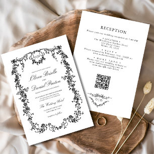 Victorian Black White QR Code Floral Wedding Invitation