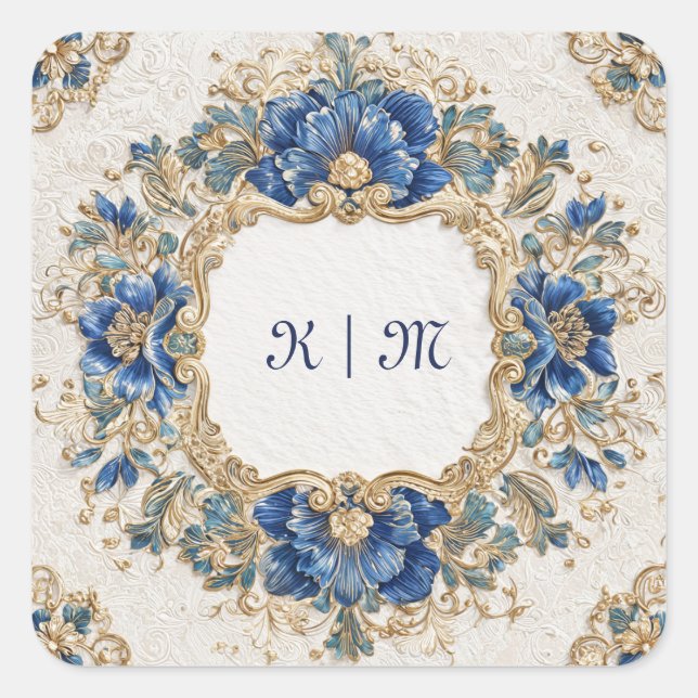 Victorian Blue and Gold Baroque Floral Design Square Sticker (Front)