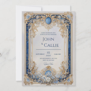 Victorian Blue and Gold Floral Wedding  Invitation