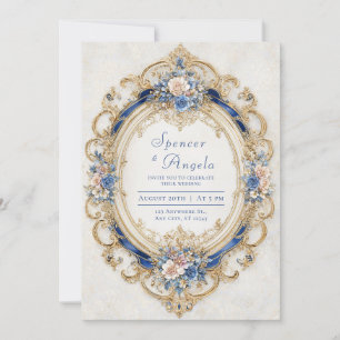 Victorian Blue and Gold Romantic Floral Wedding Invitation