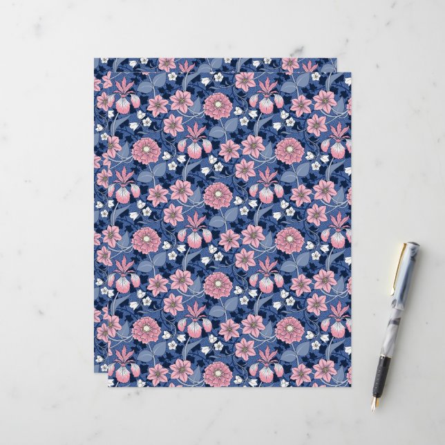 Victorian Blue and Pink Floral Scrapbook Paper (Front/Back In Situ)
