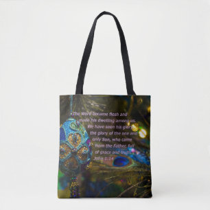 Victorian Blue Bible Verse Tote Bag