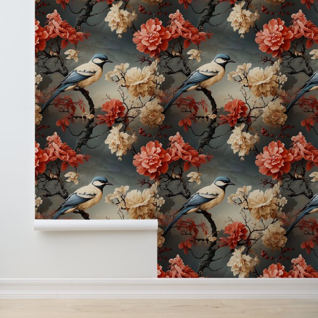 Victorian Blue Bird Boho Georgian Trailing Wallpaper (Application)