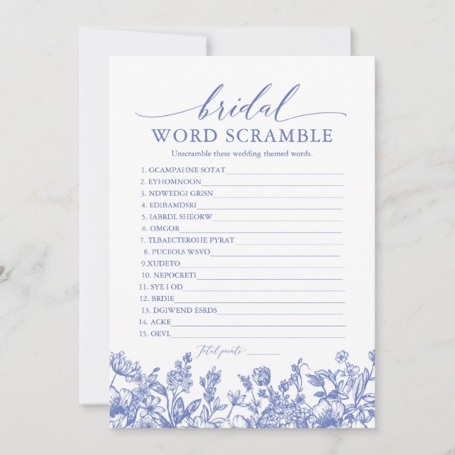 Victorian Blue Floral Bridal World Scramble Game Invitation (Front)