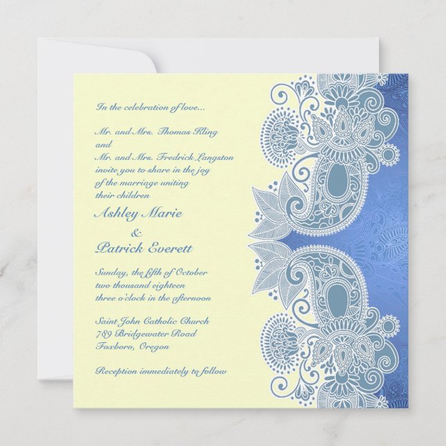 Victorian Blue Floral Flat Wedding Invitation (Front)