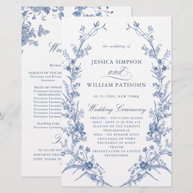 Victorian Blue Floral Wedding Ceremony Program (Front/Back)