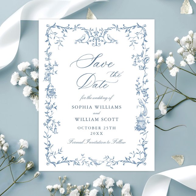 Victorian Blue Floral Wedding Save the Date Postcard (Creator Uploaded)