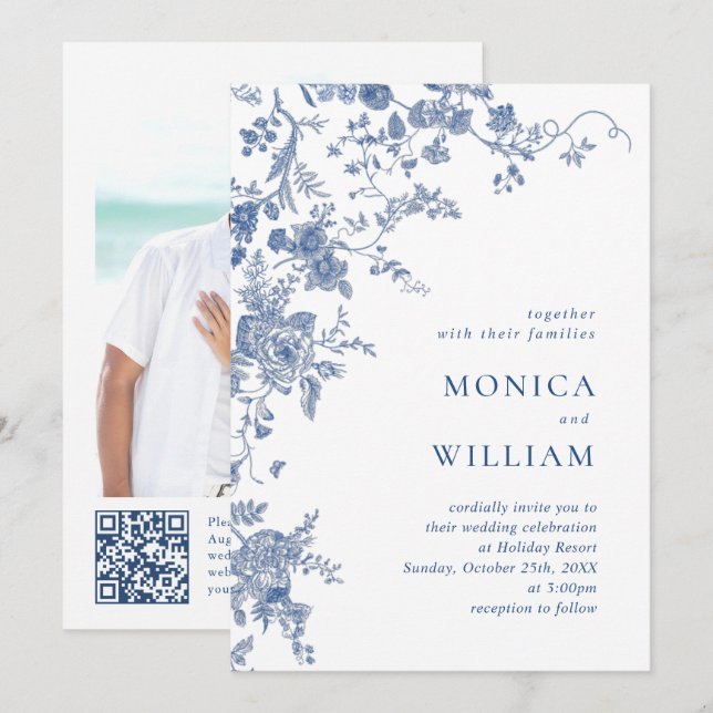 Victorian Blue French Floral Photo QR code Wedding Invitation (Front/Back)