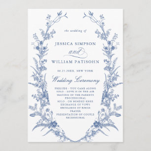 Victorian Blue French Floral Wedding Ceremony Programme