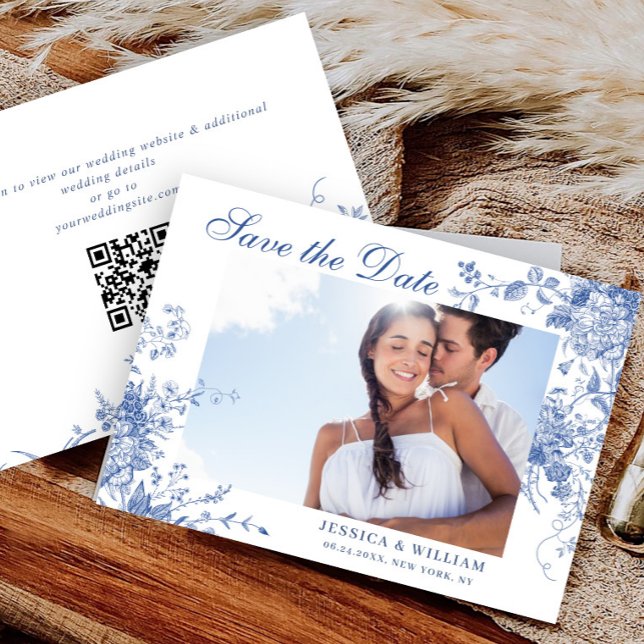 Victorian Blue French Floral Wedding Photo QR code Save The Date (Creator Uploaded)