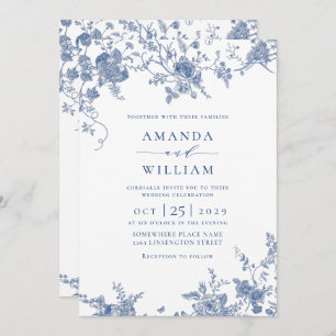 Victorian Blue French Floral Wedding QR code Invitation