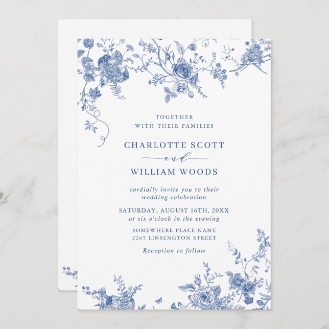 Victorian Blue French Floral Wedding QR code Invitation (Front/Back)