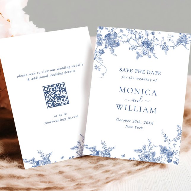 Victorian Blue French Floral Wedding QR code Save The Date (Creator Uploaded)