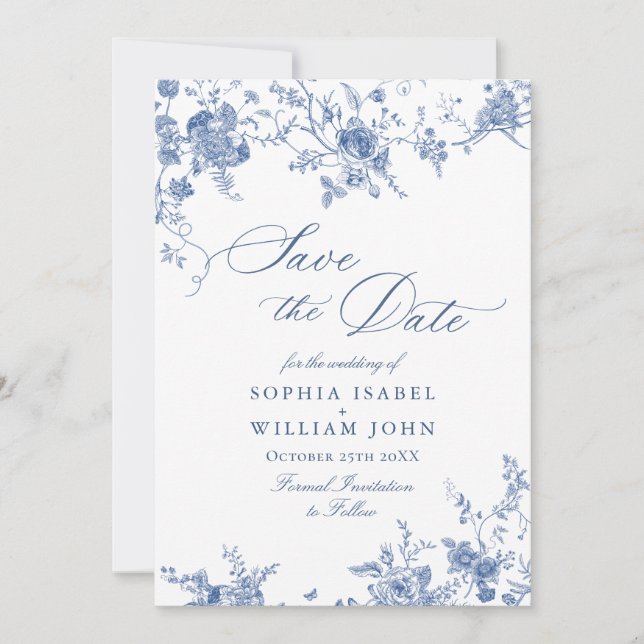 Victorian Blue French Floral Wedding QR code Save The Date (Front)