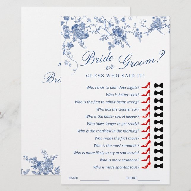 Victorian Blue French Garden Bridal Shower Game (Front/Back)