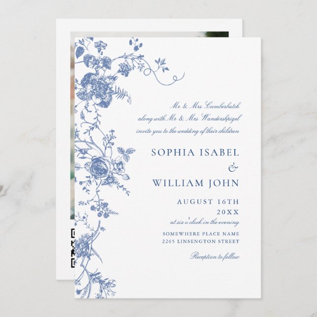 Victorian Blue French Garden QR code Photo Wedding Invitation (Front/Back)
