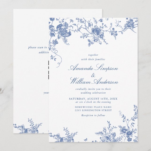 Victorian Blue French Garden QR code Wedding Invitation (Front/Back)