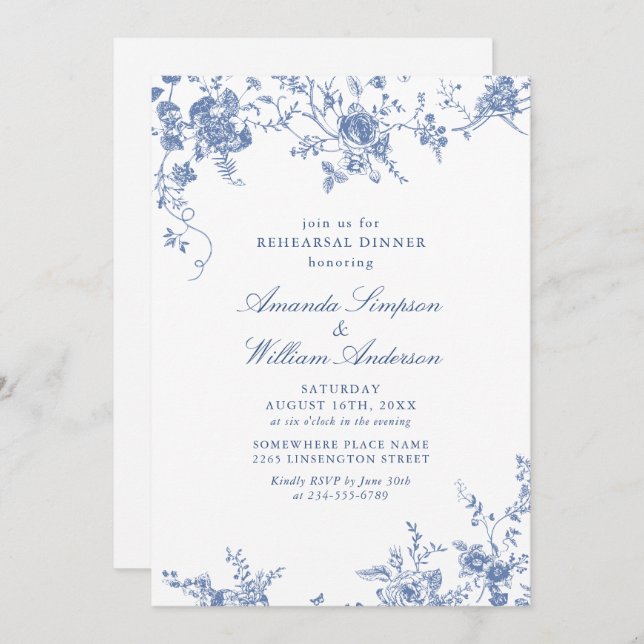 Victorian Blue French Garden Rehearsal Dinner Invitation (Front/Back)