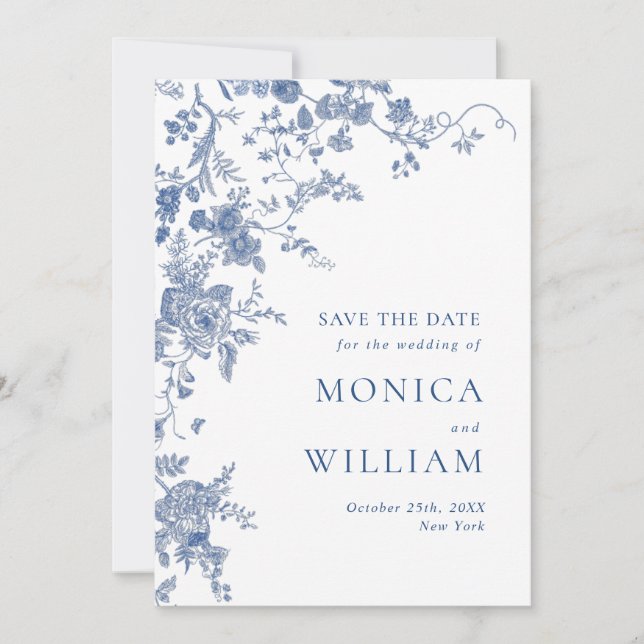 Victorian Blue French Garden Wedding QR code Save The Date (Front)