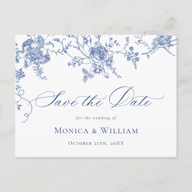 Victorian Blue French Garden Wedding Save the Date Postcard (Front)