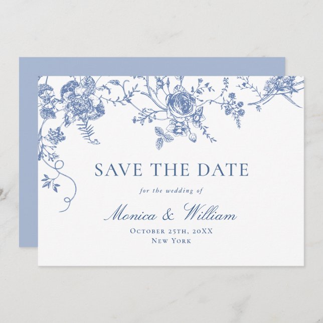 Victorian Blue French Roses Garden Floral Wedding Save The Date (Front/Back)