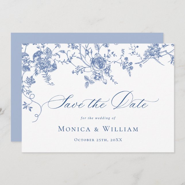 Victorian Blue French Roses Garden Floral Wedding Save The Date (Front/Back)