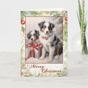 Victorian Blue Merle Aussie Puppy Christmas Holiday Card