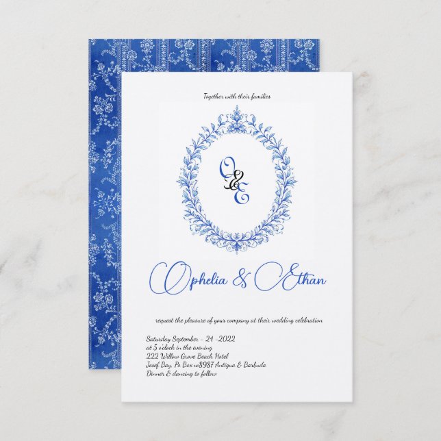Victorian Blue Monogram Floral Crest Invitation (Front/Back)