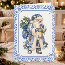 Victorian Blue Santa Lantern Winter Christmas Card