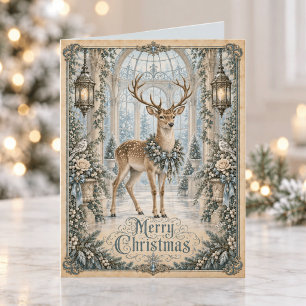Victorian Blue Silver Deer Vintage Merry Christmas Holiday Card