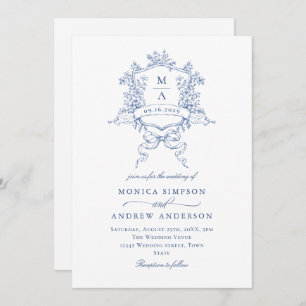 Victorian Blue Wedding Ornate Floral Crest Invitation
