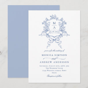 Victorian Blue Wedding Ornate Floral Crest Invitation
