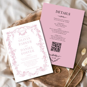 Victorian Blush Pink All in One Wedding Monogram Invitation