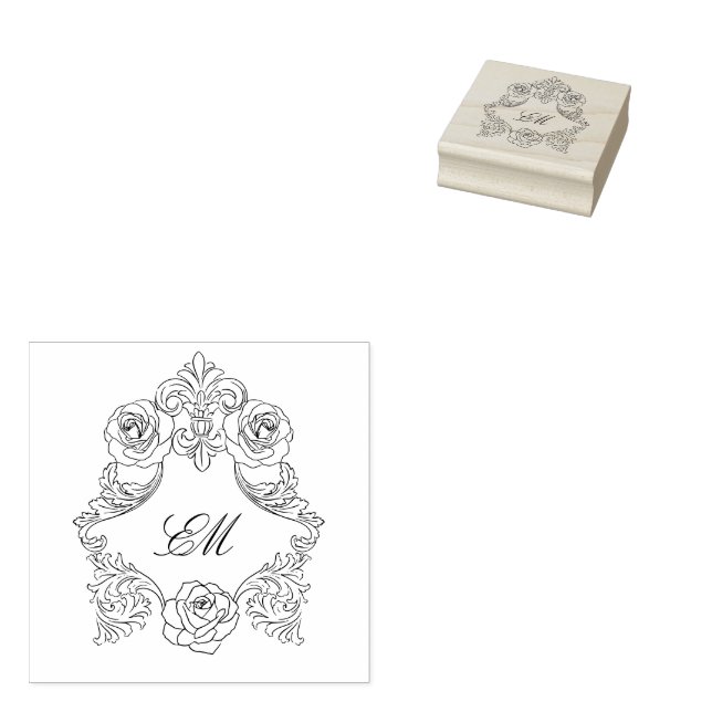 Victorian Botanical Wreath Rococo Crest Monogram Rubber Stamp (Stamped)